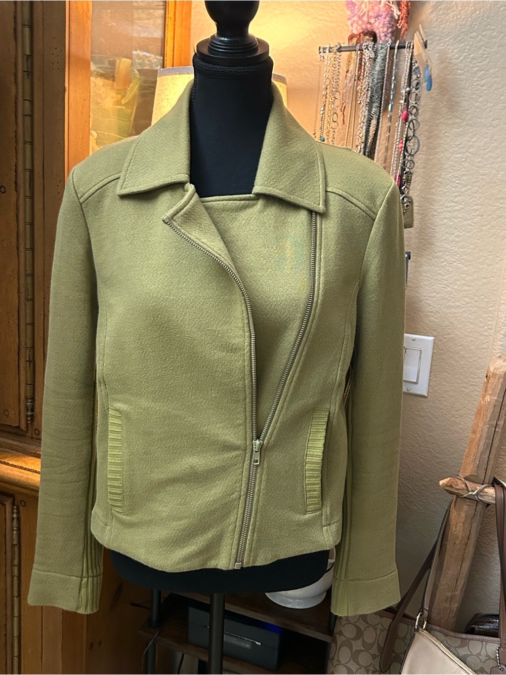 CAbi Olive Green Asymmetrical Zip Blazer Jacket